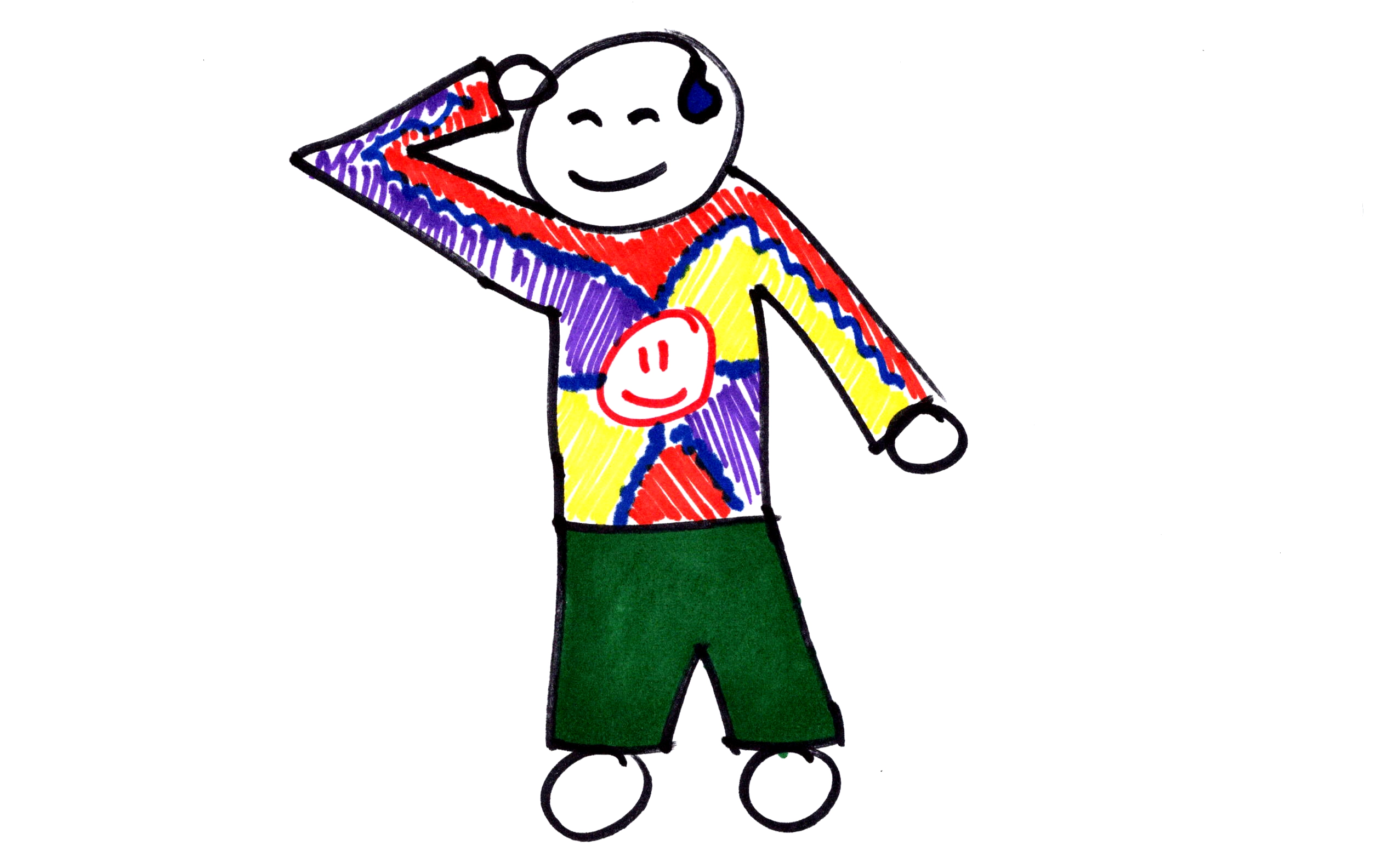 A drawing of my childhood persona, Mr. Man, wearing a long sleeve tie-dye shirt and long green pants. He's making the classic Hand Behind Head anime pose with a single sweat drop on the left side of his forehead.