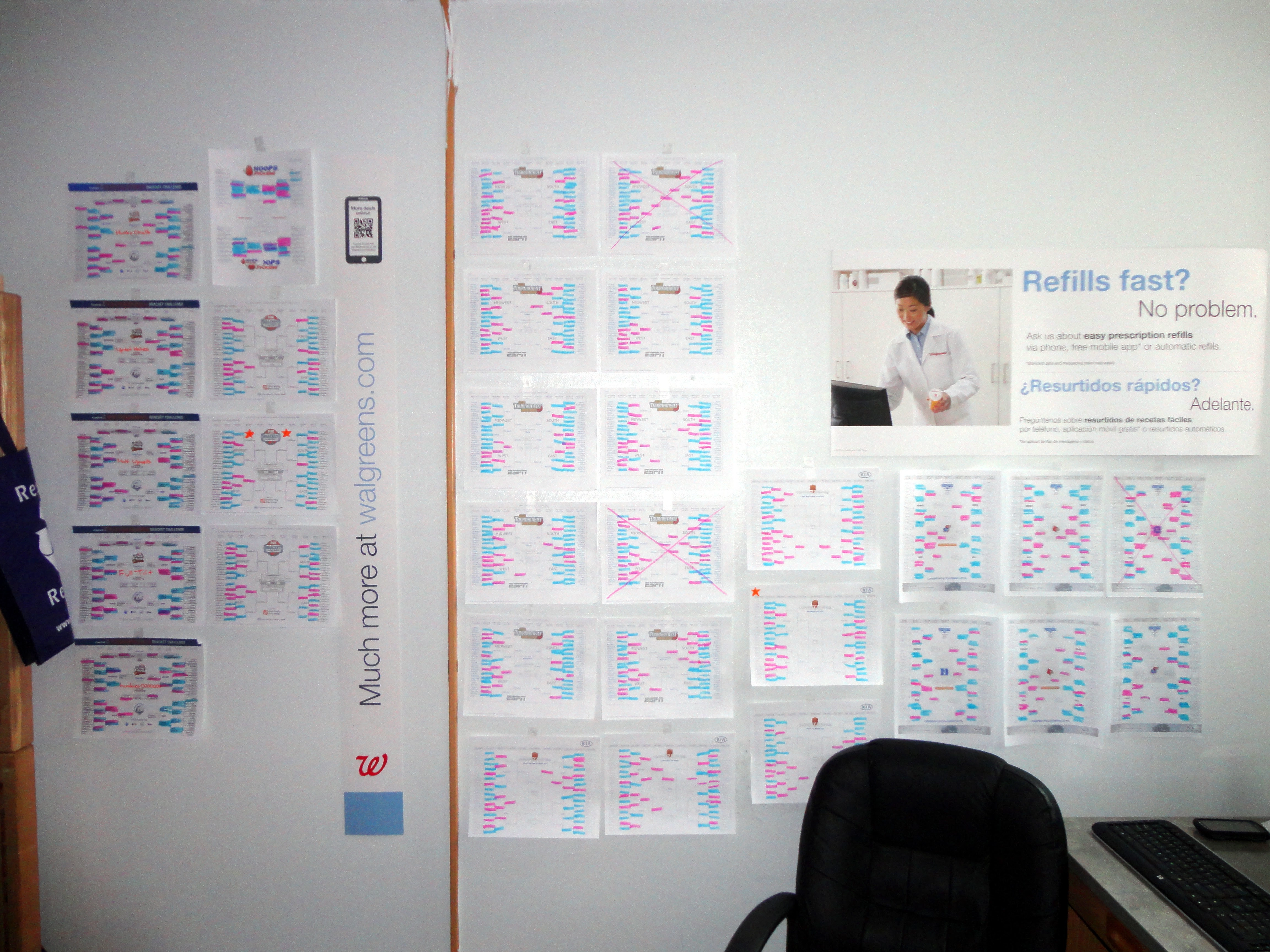 Brackets all over the wall of my dorm at the University of Connecticut during March Madness 2013. Some Walgreens signage is also intermixed because I was a part-time employee there during school...and I never let the old signage go to waste.