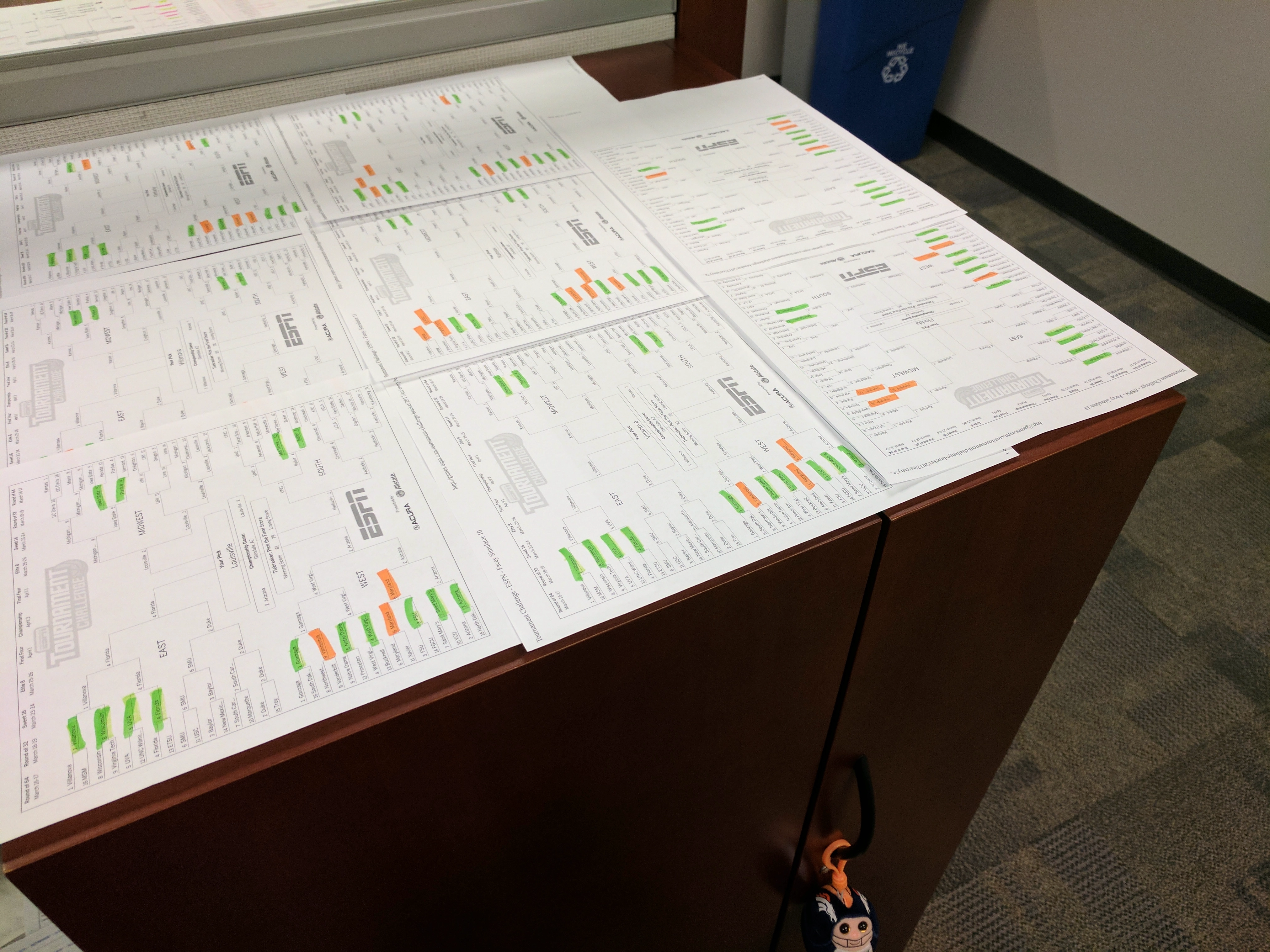 Brackets all over the office during March Madness 2017.