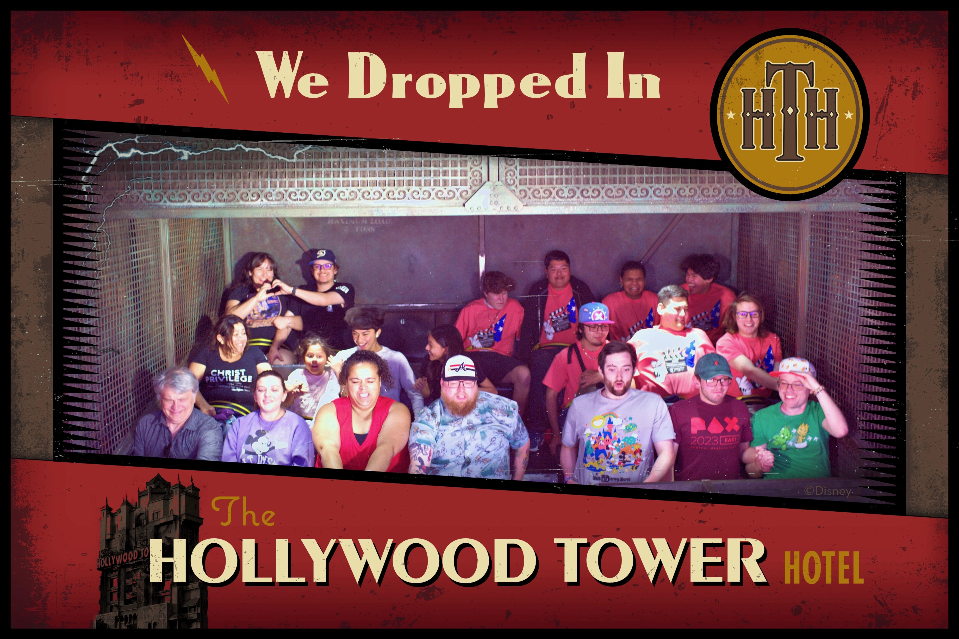 Tower of Terror mid-ride photo from 2025. This time I'm in the front row, far right, one seat ahead of Dad...same smile. From right to left it's me, Beau, Bryant, Brando, and Temp.